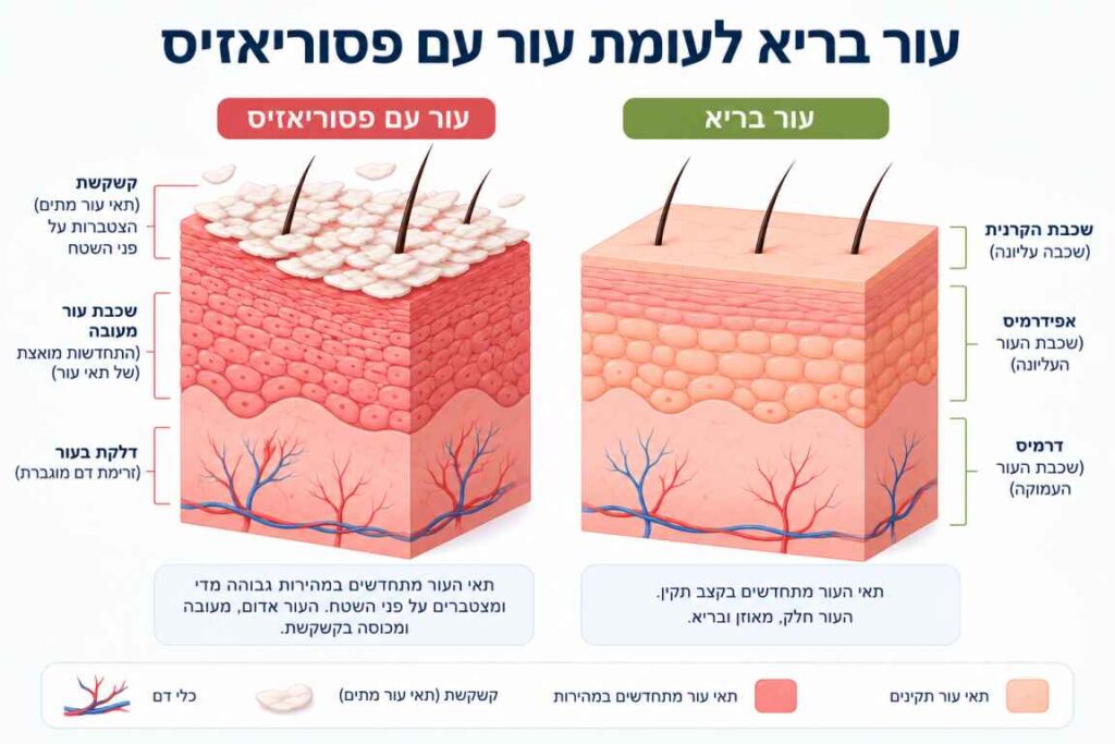 פסוריאזיס - איור המחשה של תאי עור בריא לעומת עור עם פסוריאזיס