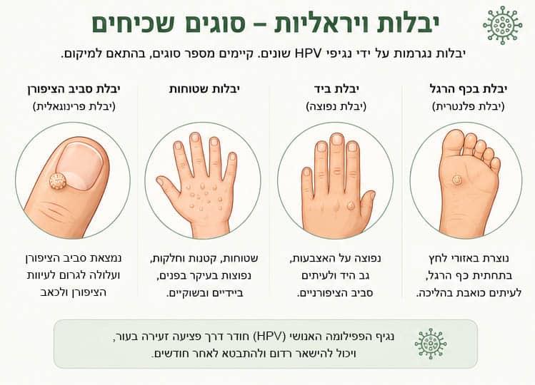 סוגים של יבלות ומקומם בגוף - תרשים